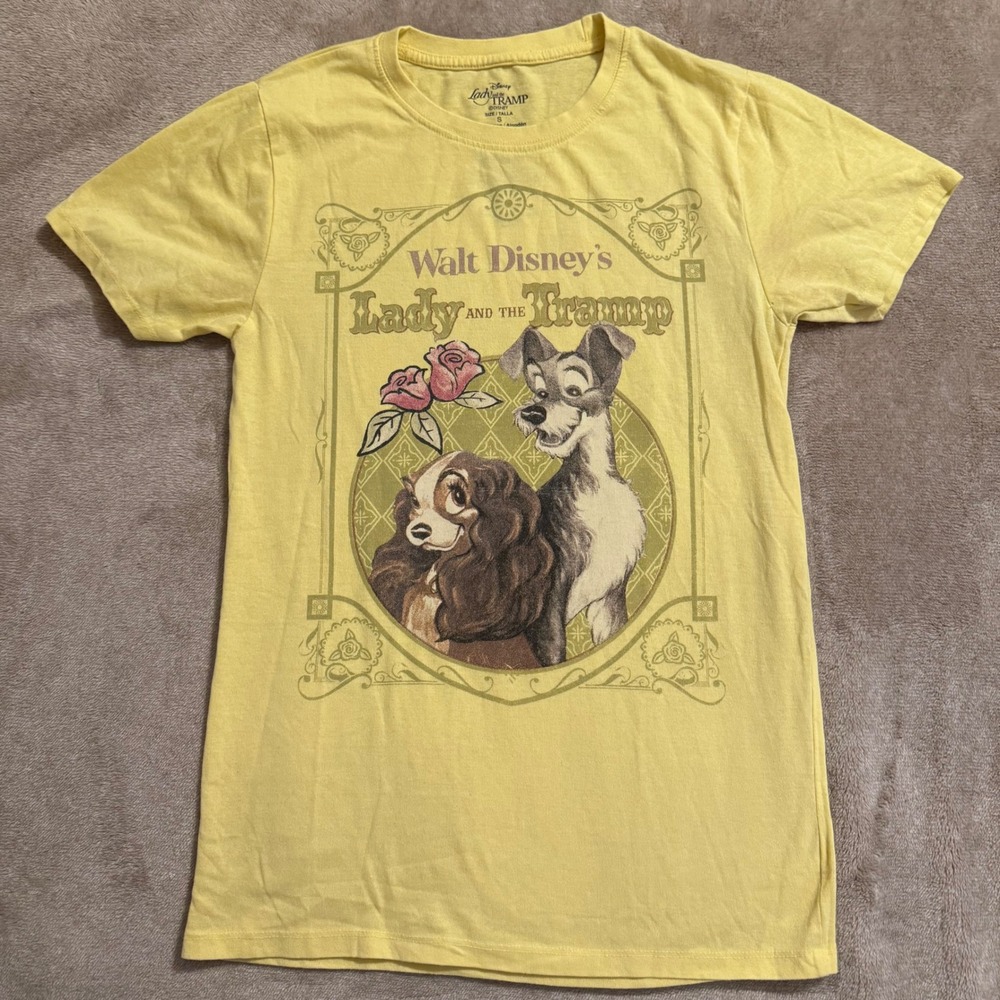 Disney Lady and the Tramp Graphic T-Shirt Yellow Small Vintage Style Graphic Tee
